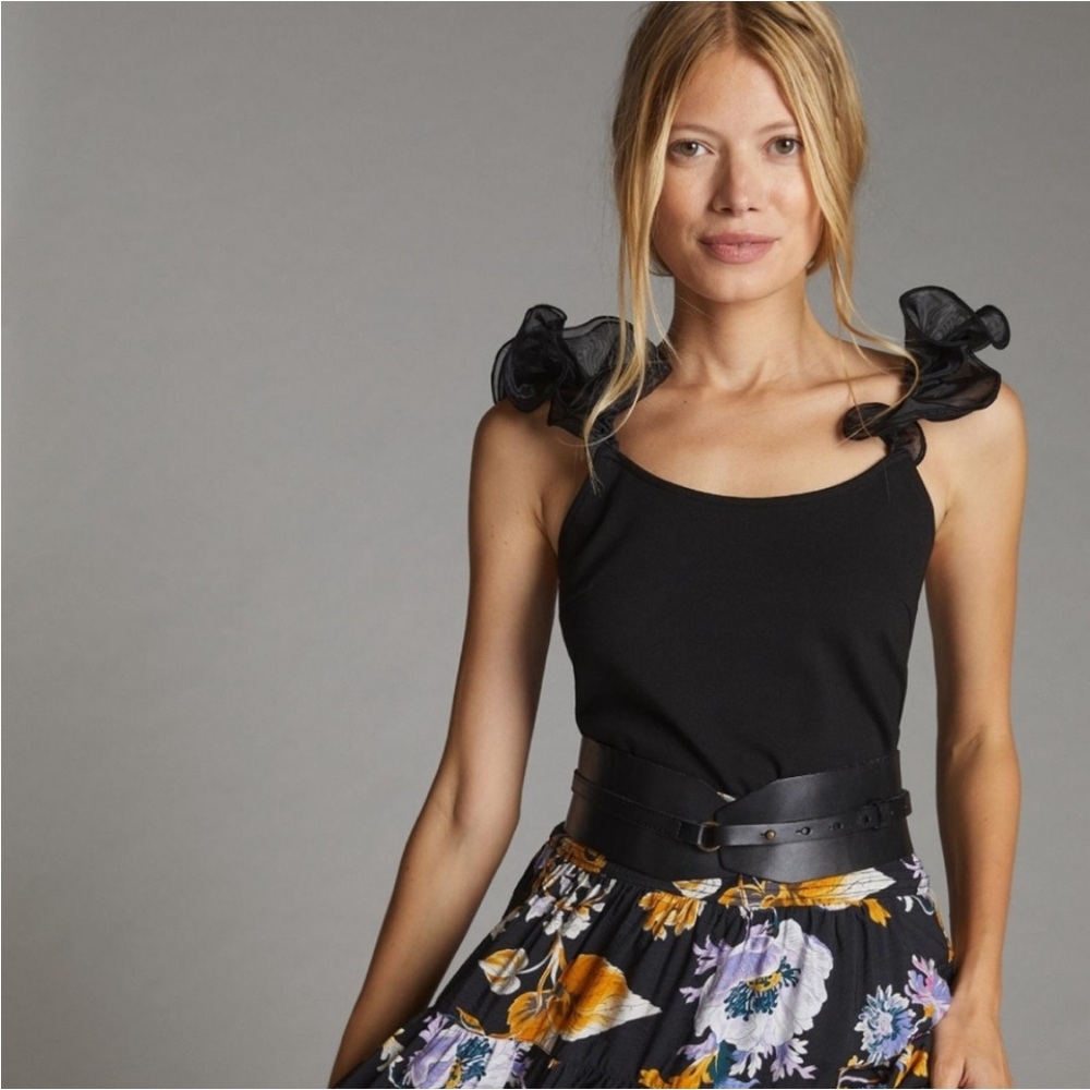 Anthropologie RUns BIG black tulle ruffle sleeve tank black dressy GNO XS S